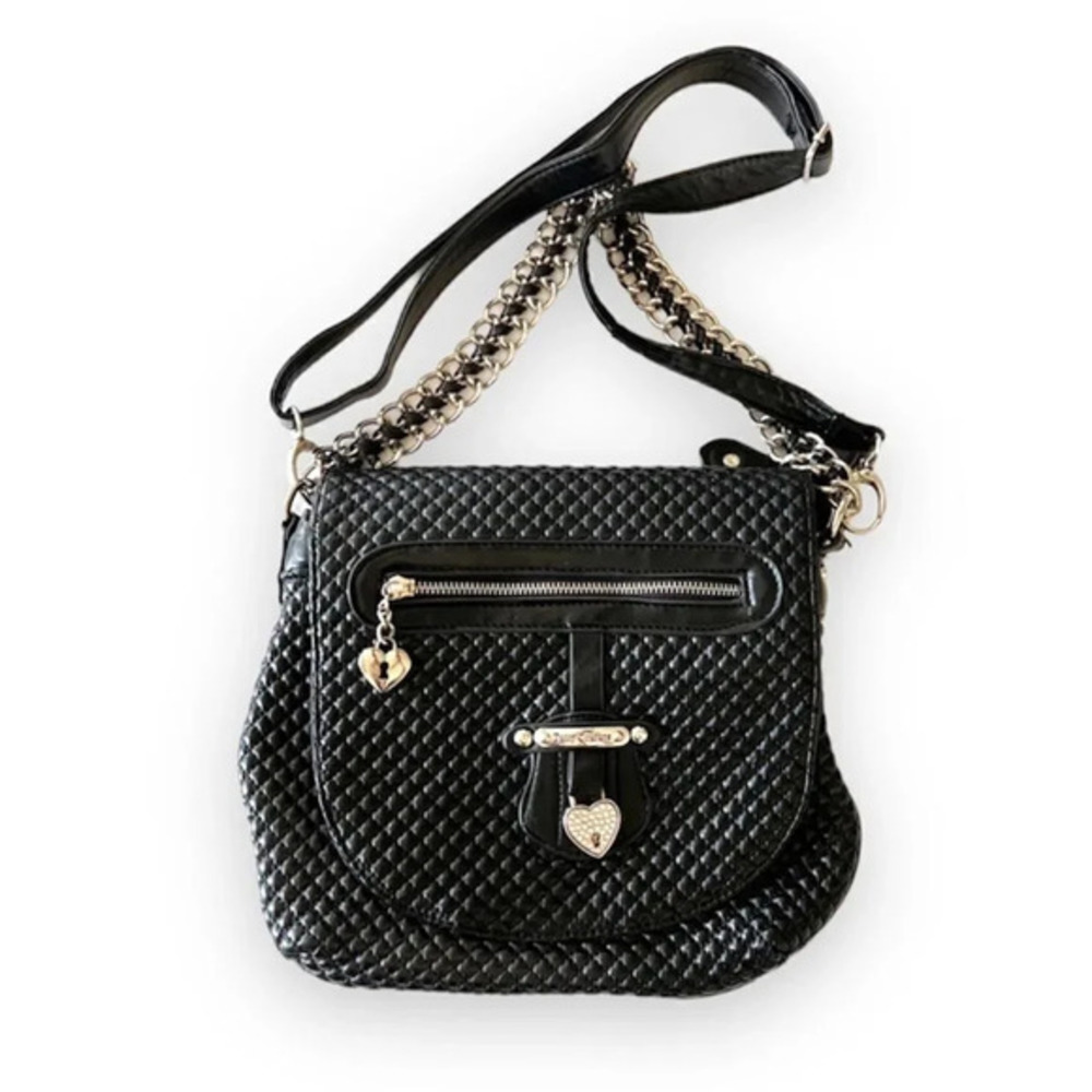 Juicy Couture Faux Leather Black Quilted Crossbody Sparkles‎ Hearts Y2K Iconic